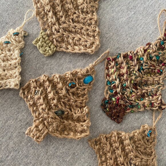 Handmade Crochet Cream Tan Jute Christmas Tree Hanging Decorations Set of 5 - Picture 9 of 9